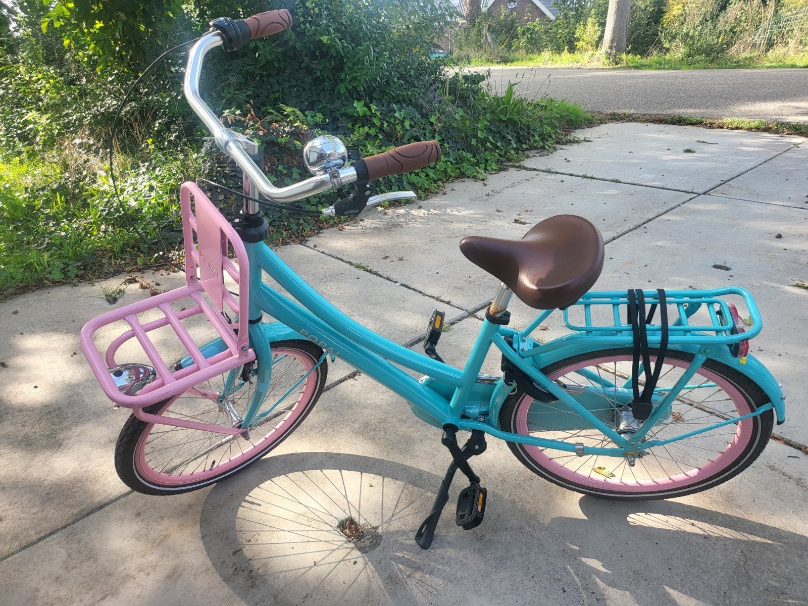 Popal kinderfiets - Blauw/Roze met voordrager, Fietsen en Brommers, Ophalen of Verzenden, Gebruikt, 16 inch