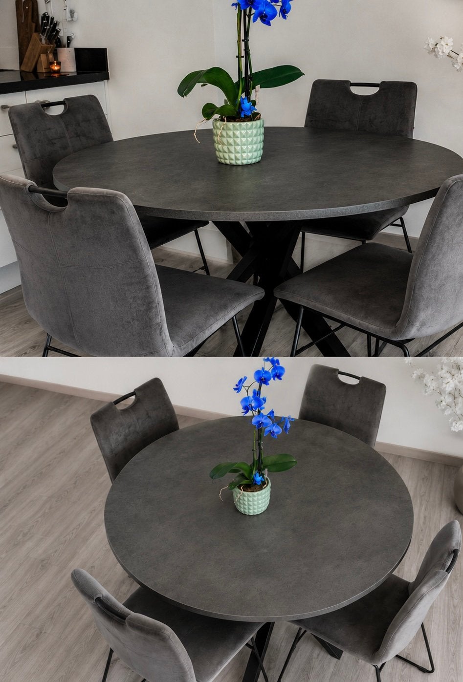 Ronde eettafel grijs inclusief stoelen 4, Ophalen, 100 tot 150 cm, Rond, Zo goed als nieuw