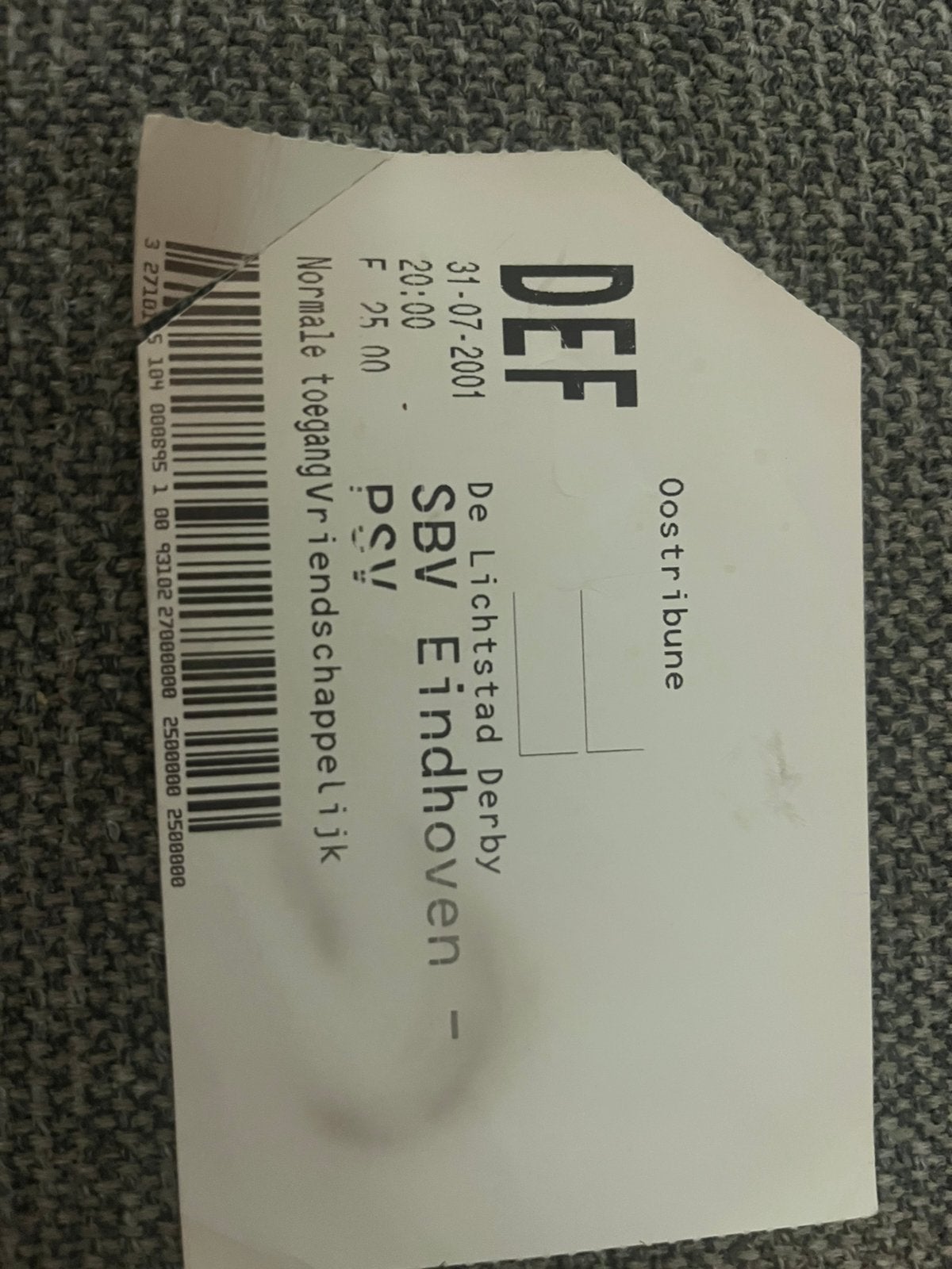 TICKET EINDHOVEN-PSV 2001, Verzamelen, Sportartikelen en Voetbal, Ophalen of Verzenden, Zo goed als nieuw, PSV, Overige typen