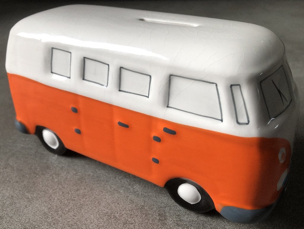 BEELD/SPAARPOT - VOLKSWAGEN BUSJE -ORANJE/WIT - 21 CM, Ophalen of Verzenden