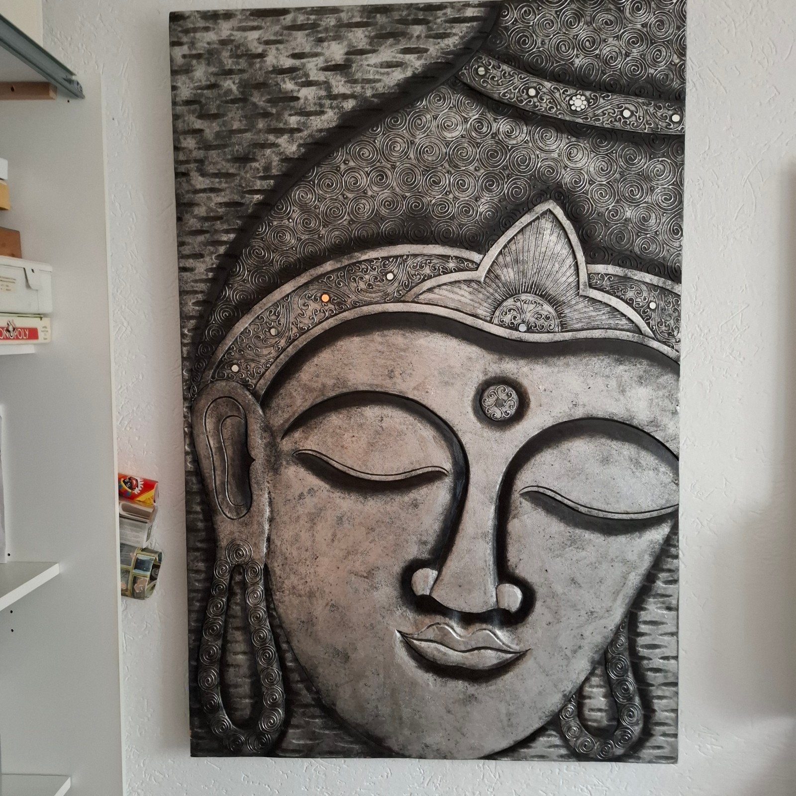 Grote Boeddha wanddecoratie - Zilverkleurig met reliëf, Ophalen, Met reliëf, Gebruikt, Zilver