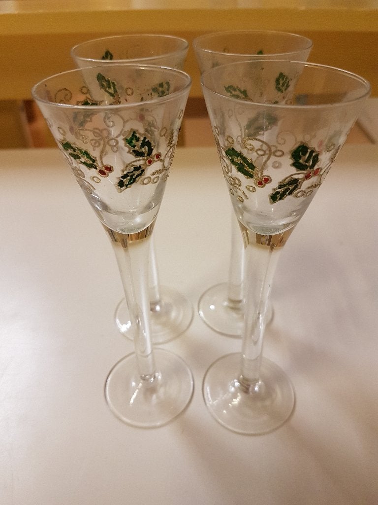 Likeurglazen kerstbladeren 4 stuks met decor 14,5 x 4,5, Ophalen