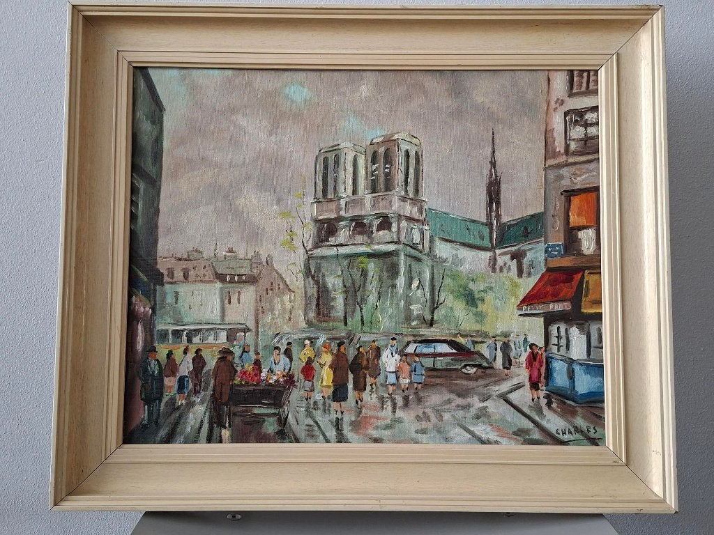 vintage schilderij stadgezicht Parijs jaren 50-60 gesigneerd, Doek, Impressionistisch, Ophalen of Verzenden, Olieverf