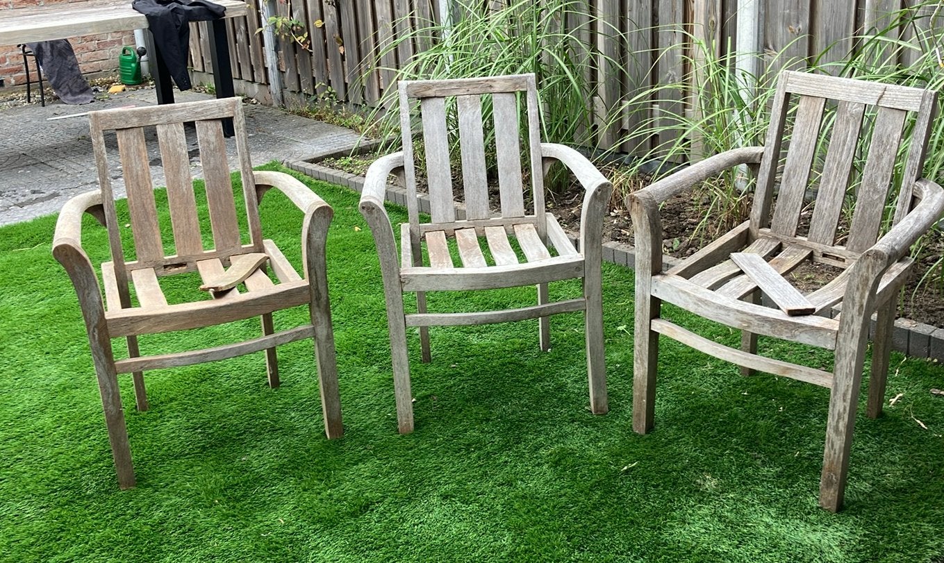 Teak houten tuinstoelen 3 stuks, Tuin en Terras, Ophalen, Gebruikt, Hout, Stapelbaar