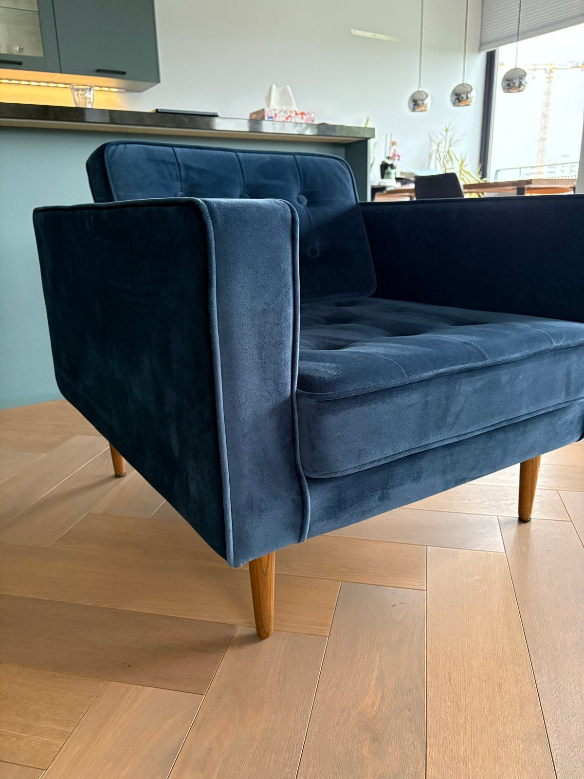Stijlvolle blauwe fauteuil, Ophalen, Gebruikt, 75 tot 100 cm, 75 tot 100 cm