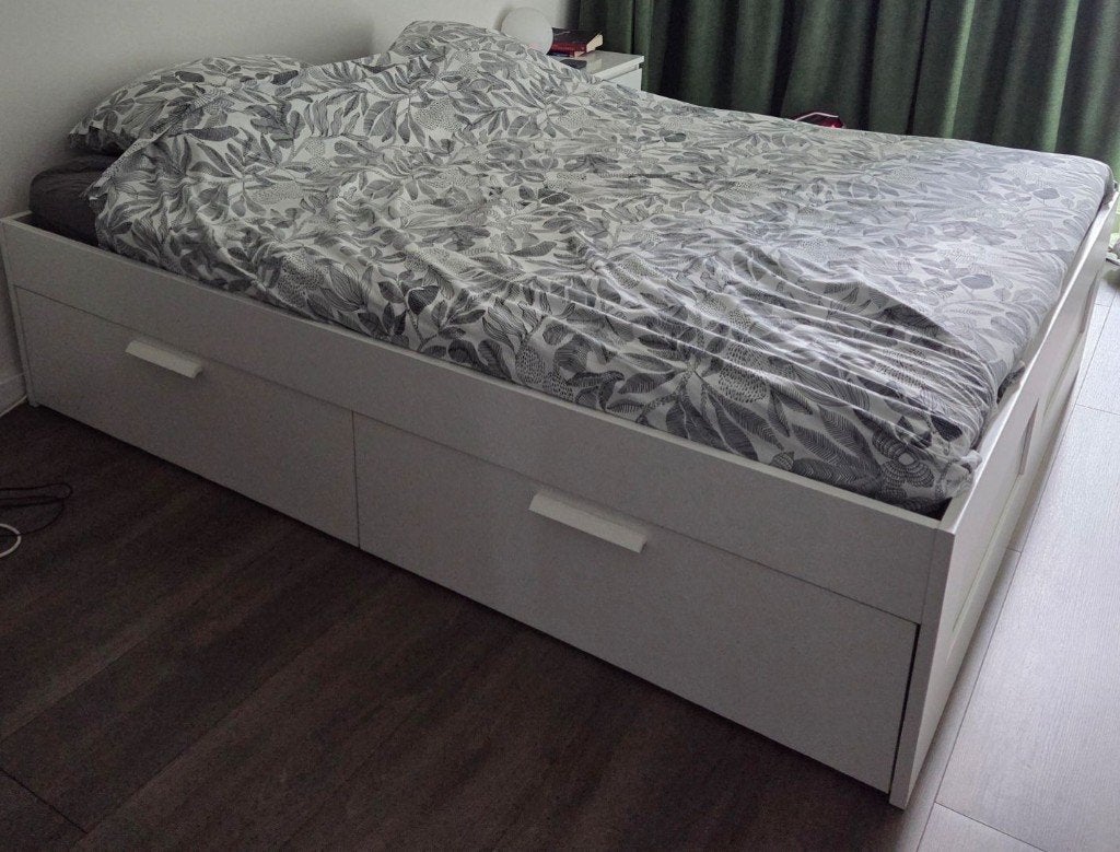 Bed met opbergladen Brimnes IKEA 160x200, Ophalen, Gebruikt, Wit, Tweepersoons