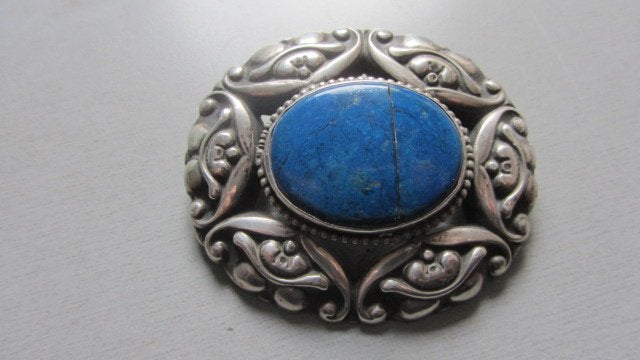 Zilveren broche met blauwe steen, lapis lazuli, 4 tot 7 cm, Gebruikt, Verzenden, Met edelsteen