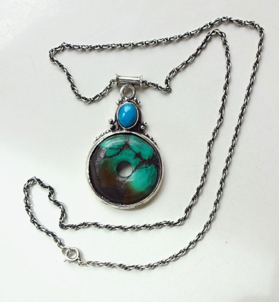 Royale Oosters zilveren hanger met Turquoise + ketting, Ophalen of Verzenden, Zilver, Ketting, Met edelsteen