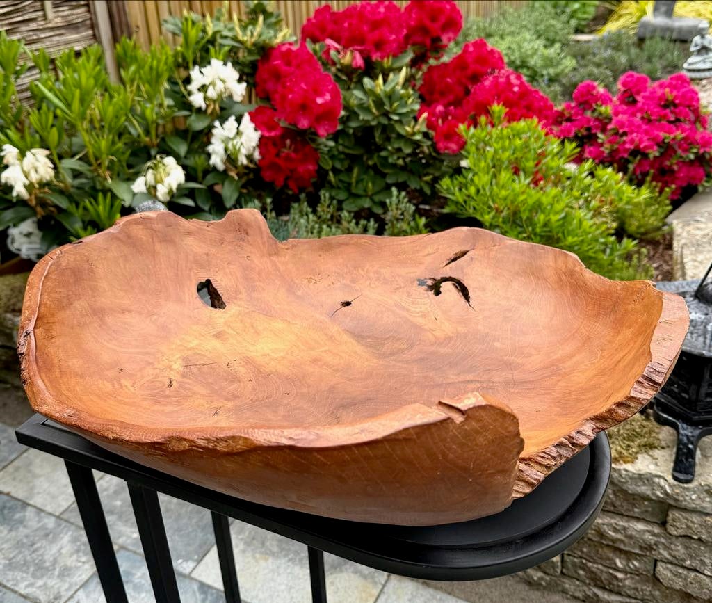 Handgemaakte teak houten schaal, Rond, Ophalen of Verzenden, Zo goed als nieuw, Binnen