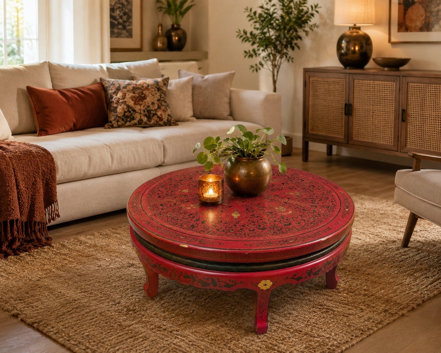 Japanse salontafel met prachtige details - 110cm diameter, Huis en Inrichting, Ophalen, Gebruikt, 100 tot 150 cm, Rond