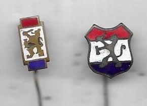 2 EMAILE ROOD WIT BLAUWE NEDERLANDSE LEEUW SPELDEN, Ophalen of Verzenden, Gebruikt, Stad of Land, Speldje of Pin