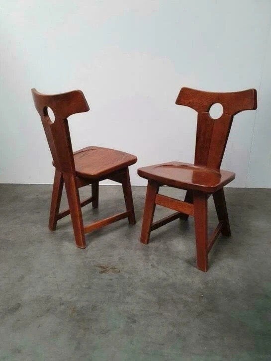 brutalist vintage eiken solid oak chairs 60s bruin design 3x, Ophalen of Verzenden