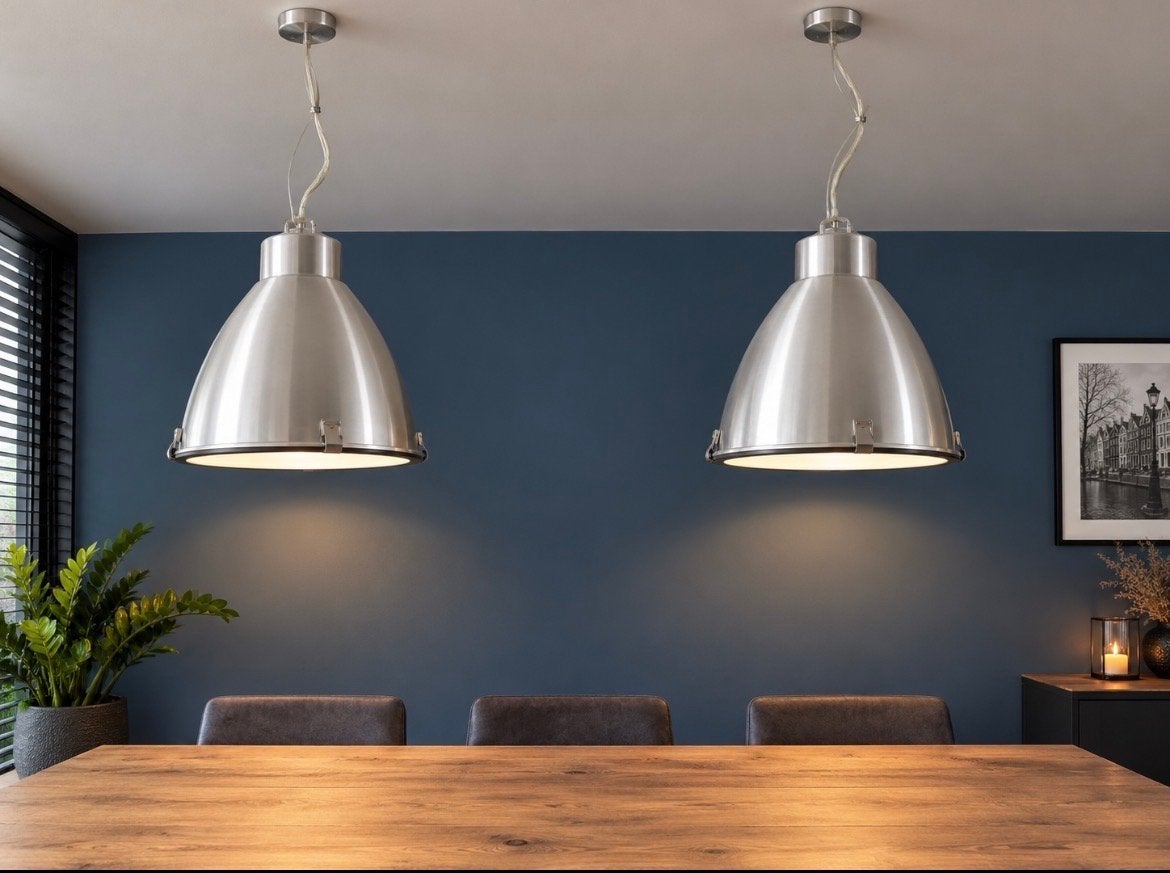 Set van 2 industriële hanglampen, geborsteld metaal