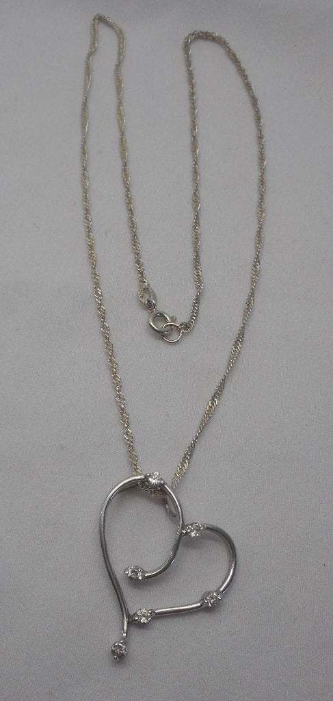 Zilveren ketting met hart hanger met steentjes nr.407, Met hanger, Verzenden, Zo goed als nieuw, Zilver