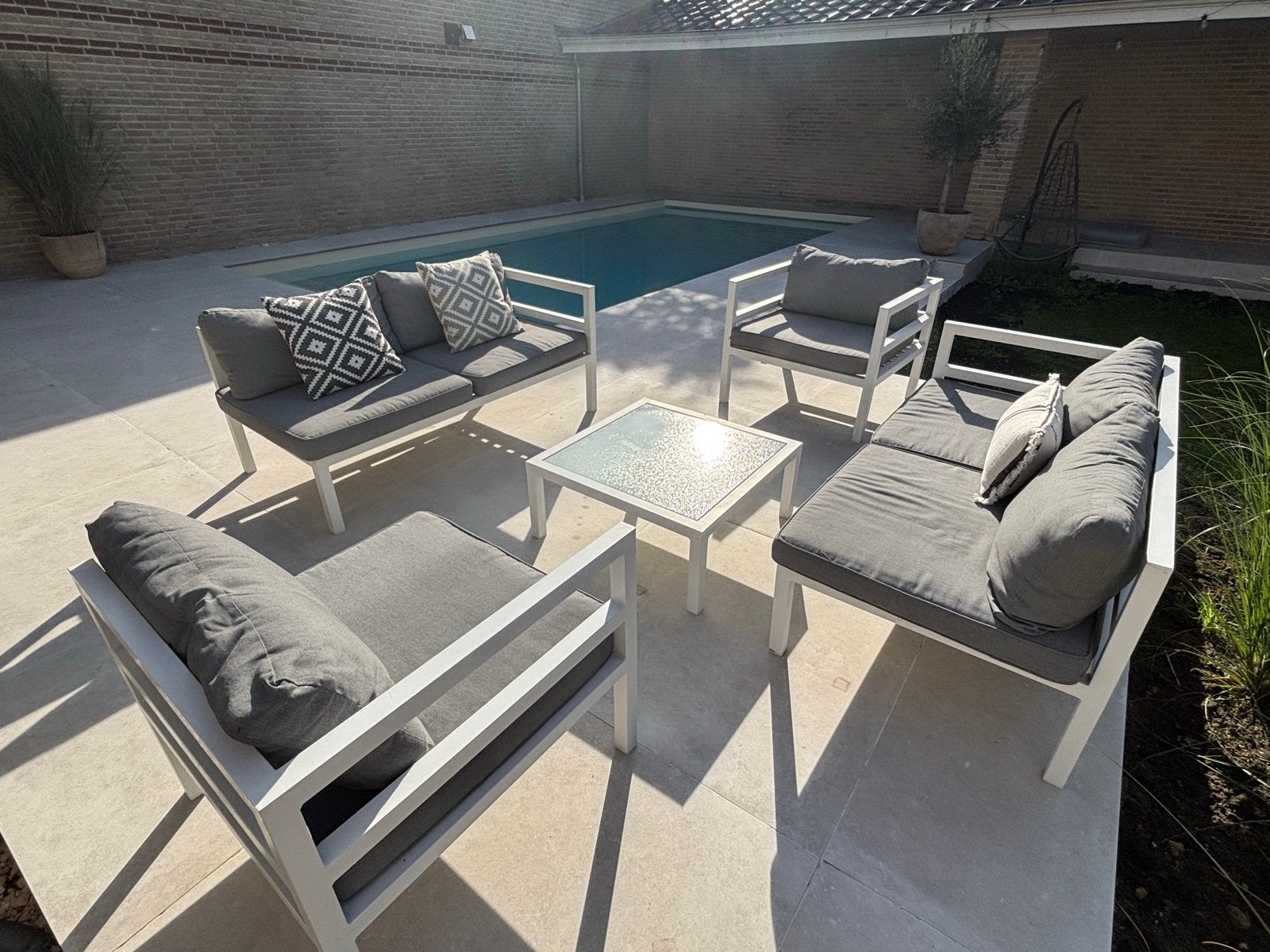 Aluminium loungeset modulair en salontafel, Gebruikt, 6 zitplaatsen, Aluminium, Ophalen of Verzenden