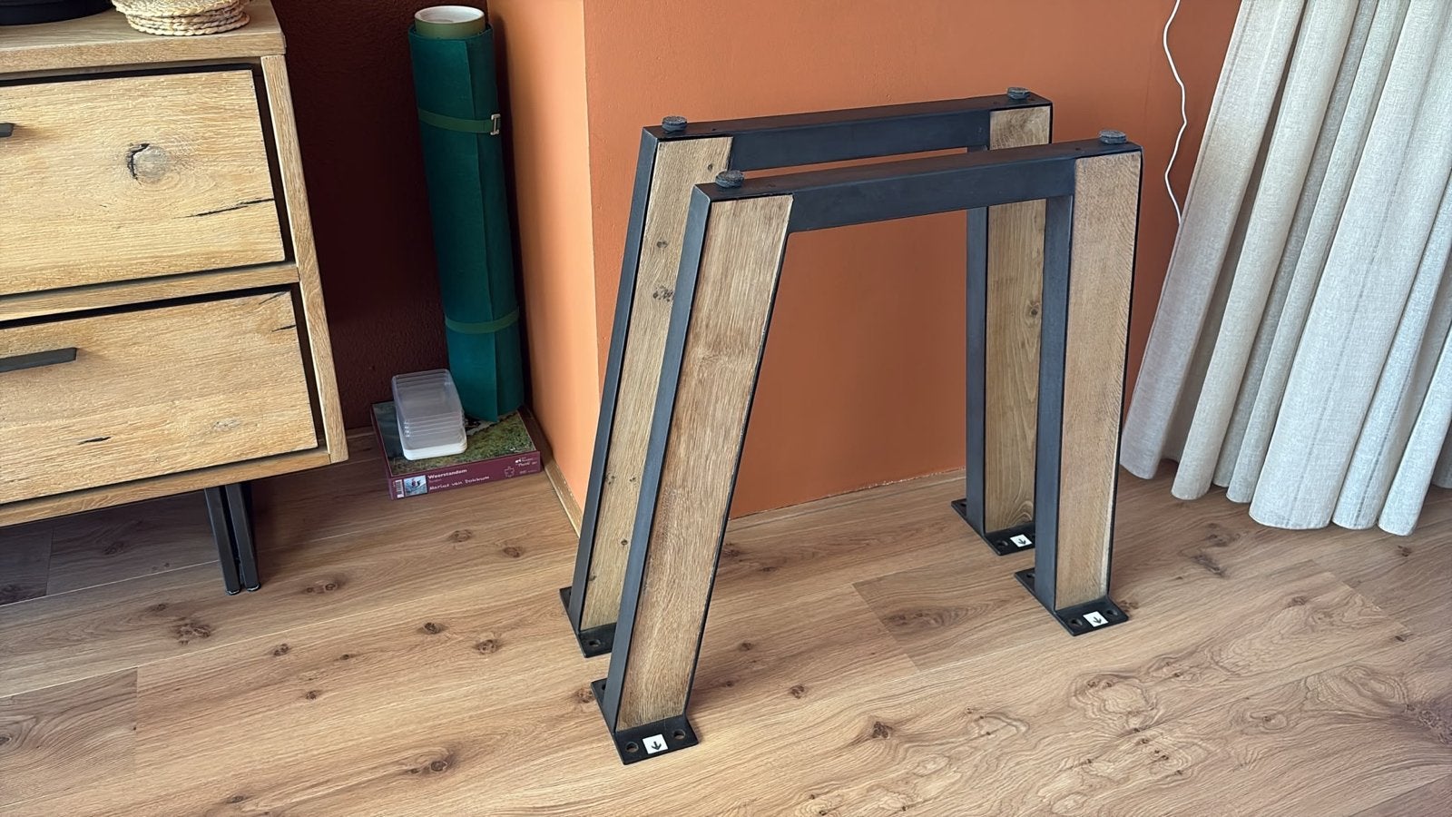 Set van 2 robuuste tafelpoten, metaal en hout, Ophalen, Tafelpoot, 50 tot 100 cm, 50 tot 100 cm