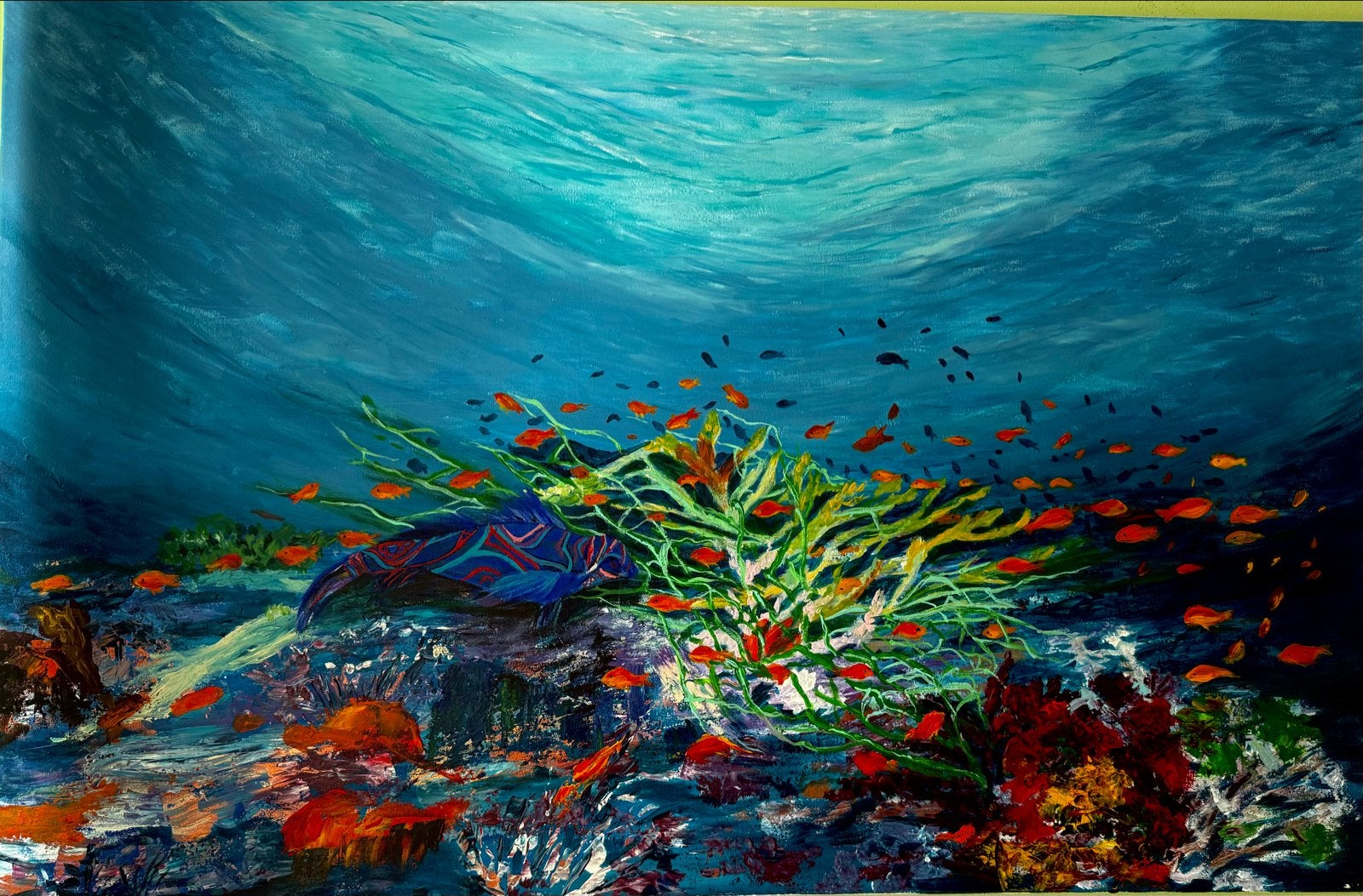 Onderwaterwereld: Kleurrijk Koraalrif met Vissen, Antiek en Kunst, Acrylverf, Met textuur, Ophalen of Verzenden, Dieren