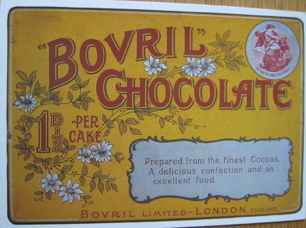 Ansichtkaart met etiket van Engelse chocolade van Bovril, Ophalen of Verzenden, 1980 tot heden, Ongelopen, Overige thema's