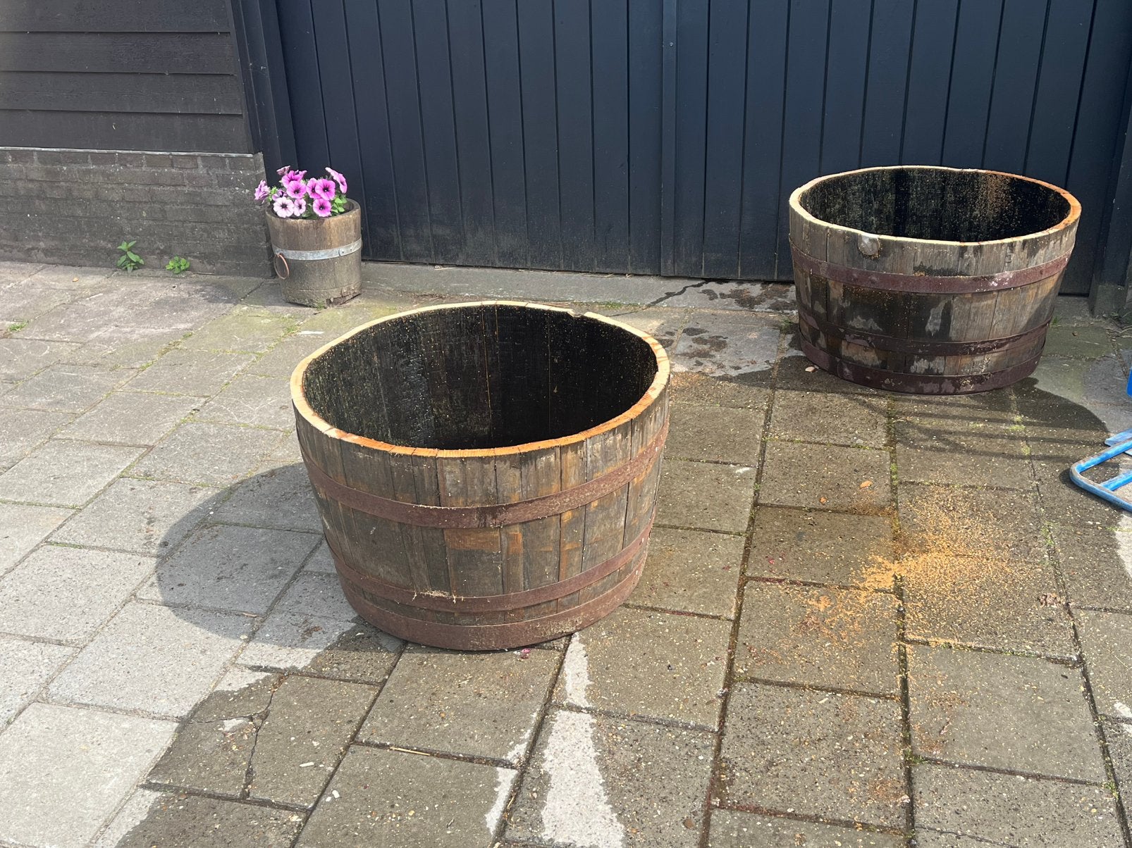 Bloembak half whiskyvat eikenhout 44 cm hoog 74 cm diameter, Gerard Krale, Rond, Nieuw, Ophalen of Verzenden