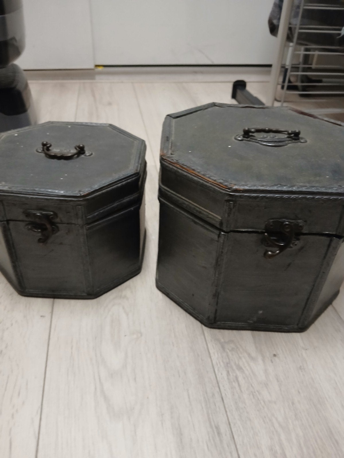 Set van 2 vintage achthoekige houten dozen, Ophalen of Verzenden