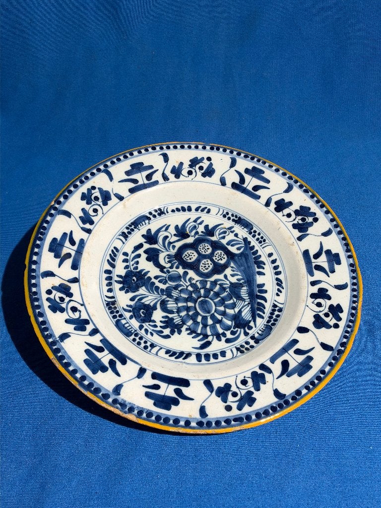 Antiek Delfts blauw bord met gele rand 18e eeuw, Ophalen of Verzenden