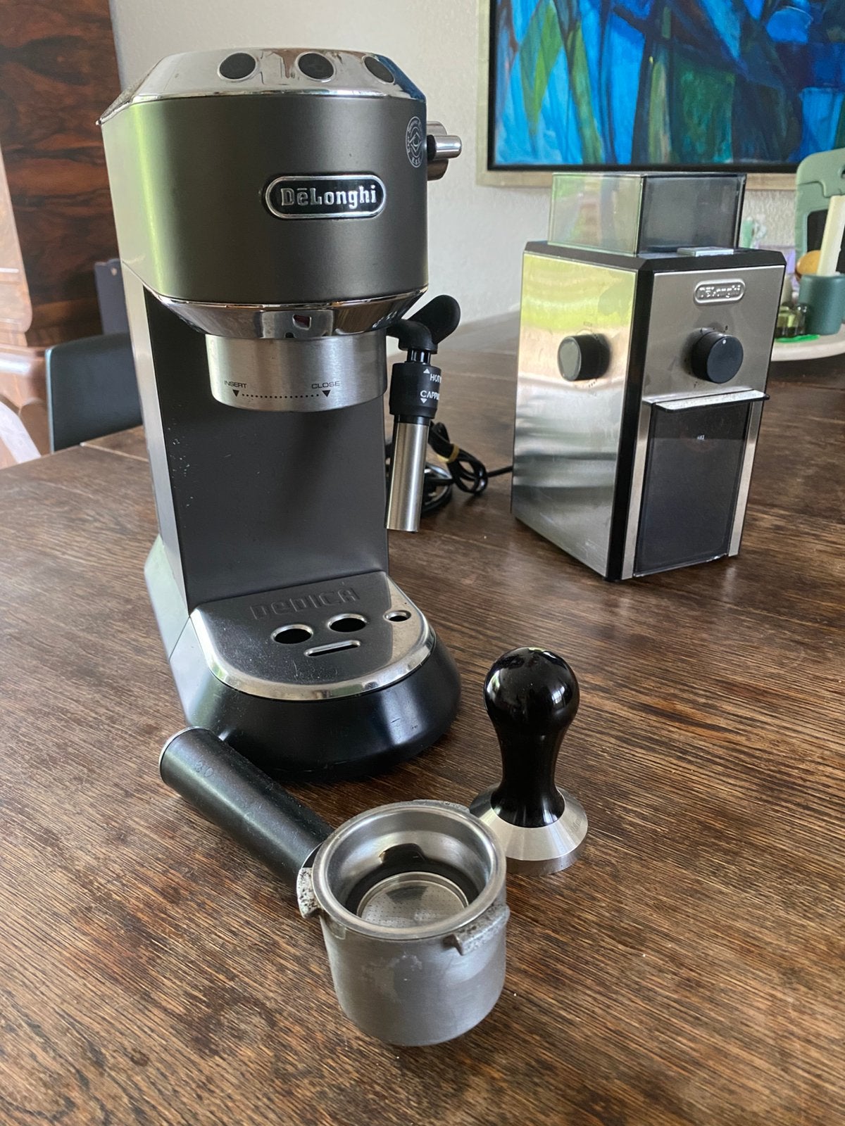 De'Longhi Dedica Espresso Machine, Koffiemolen & Tamper, Afneembaar waterreservoir, Gebruikt, Espresso apparaat, Gemalen koffie