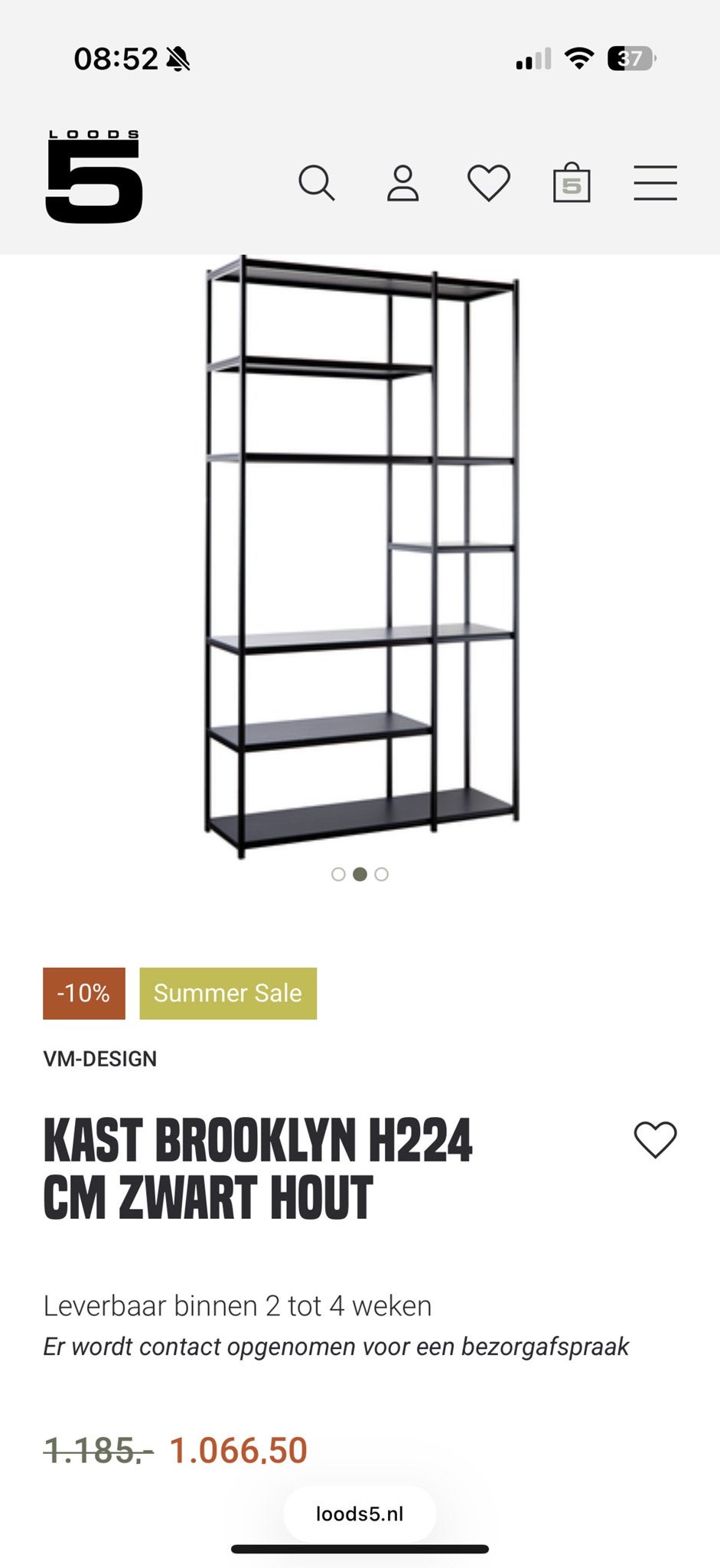 Vakkenkast Brooklyn H224 cm Zwart Hout - Zo goed als nieuw, Ophalen, Zo goed als nieuw