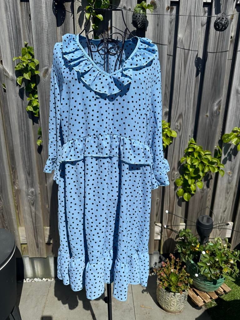 Boohoo jurk maat XL - Blauw met stippen, Blauw, Maat 46/48 (XL) of groter, Ophalen of Verzenden, Knielengte