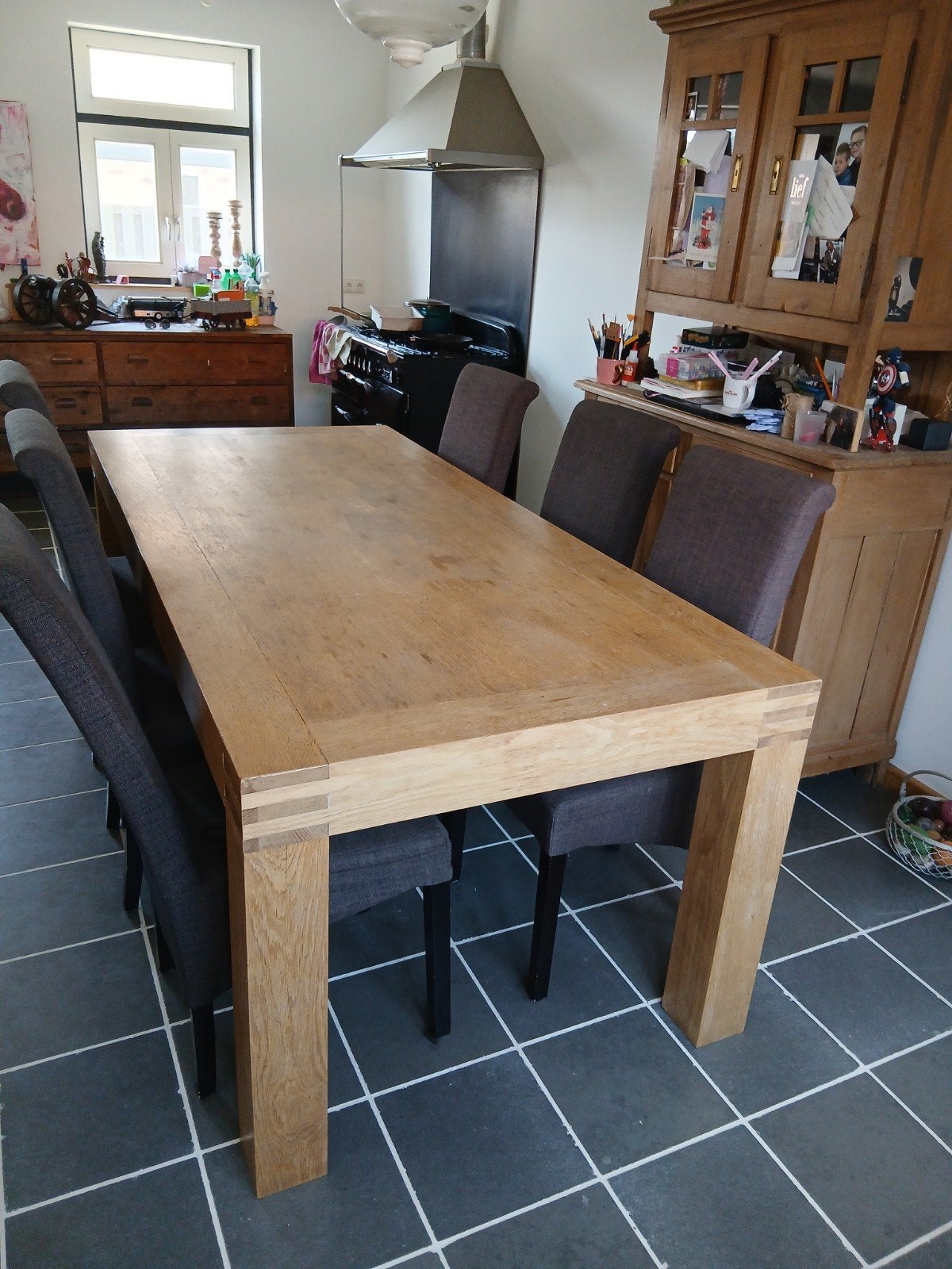 Massief eiken eetkamer tafel, Ophalen, Gebruikt, 200 cm of meer, 50 tot 100 cm