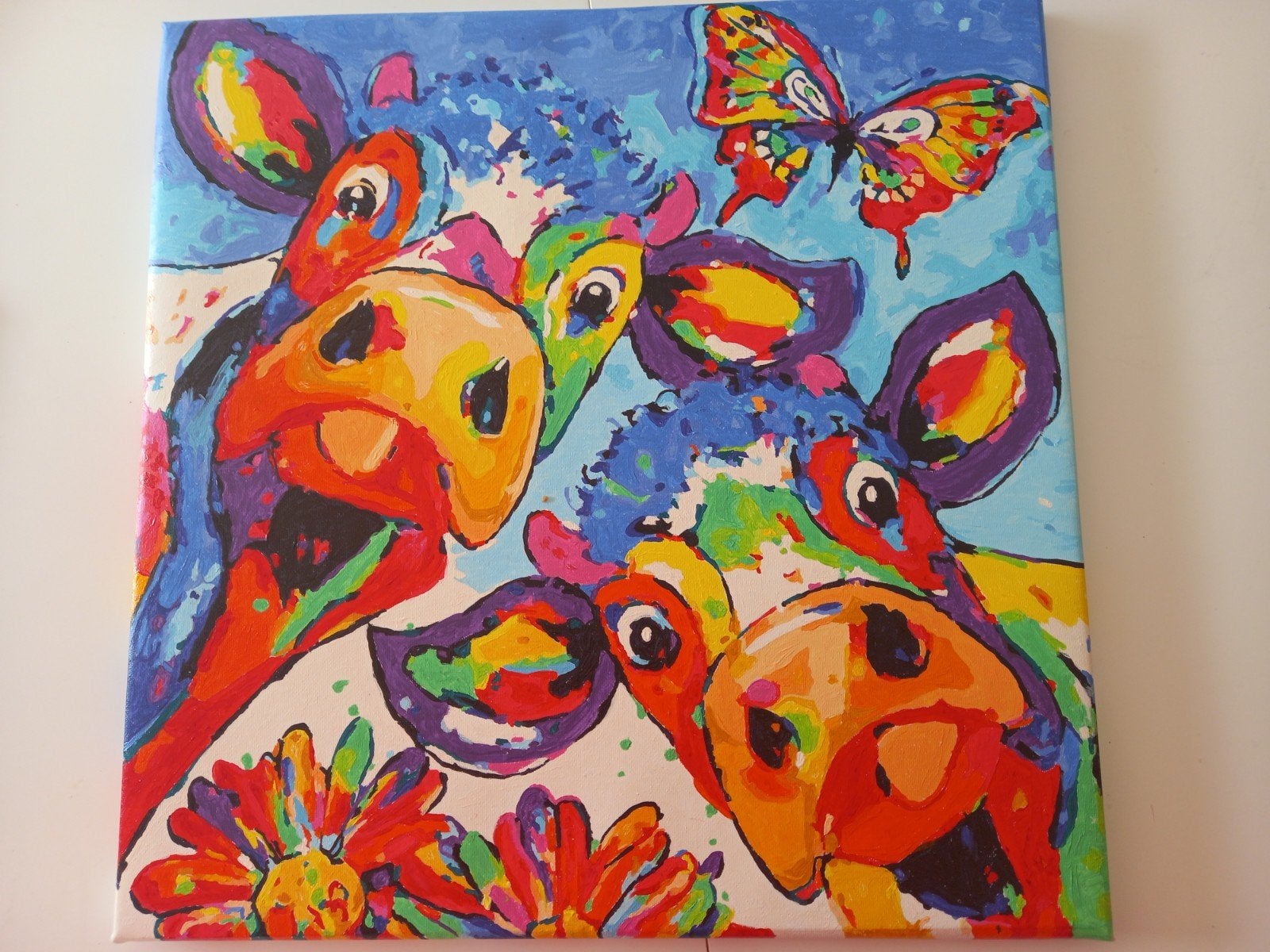 Vrolijke koeien schilderij - kleurrijk en modern, Acrylverf, Ophalen of Verzenden, Dieren, Handgeschilderd