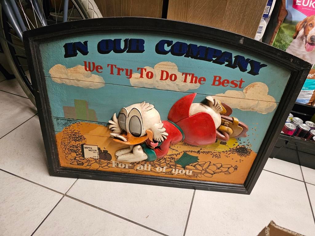 Groot authentiek schilderij Oom Dagobert op hout, Ophalen, Donald Duck, Zo goed als nieuw, Overige typen