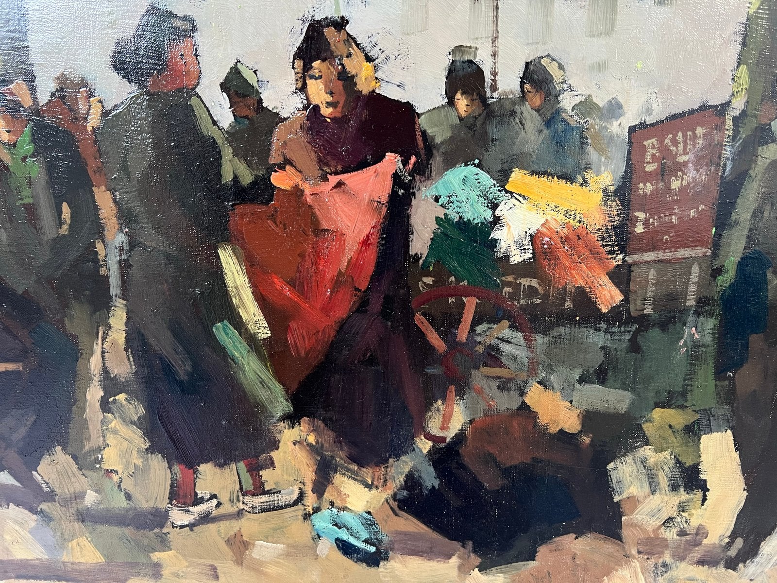 Prachtig Jan Rijlaarsdam Olieverf: Amsterdam Lapjesmarkt, Doek, Bijzondere lijst, Impressionistisch, Ophalen of Verzenden