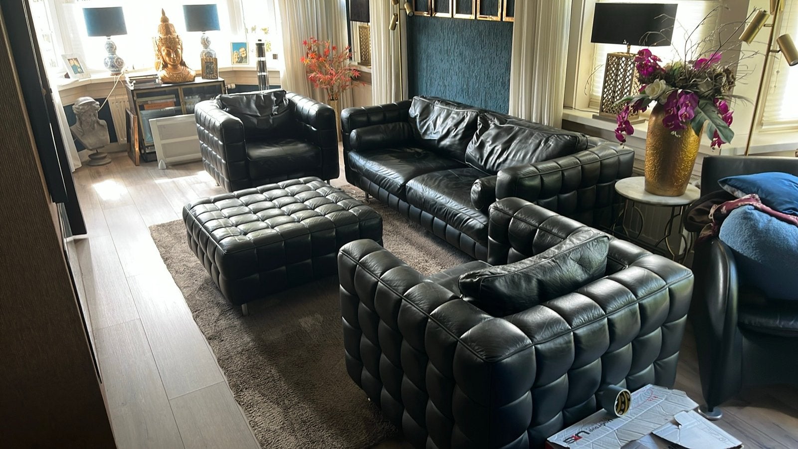 Molinari zwart leren bankstel met fauteuils en poef, Ophalen, Gebruikt, Rechte bank, 200 tot 250 cm