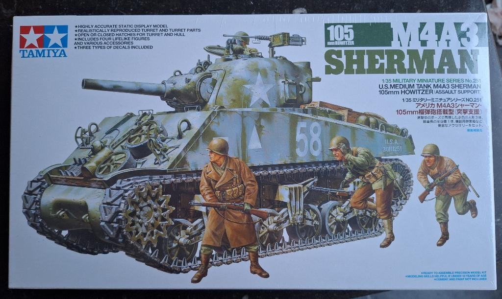 105mm howitzer M4A3 Sherman - Tamiya 1/35, Tank, 1:32 tot 1:50, Nieuw, Ophalen of Verzenden