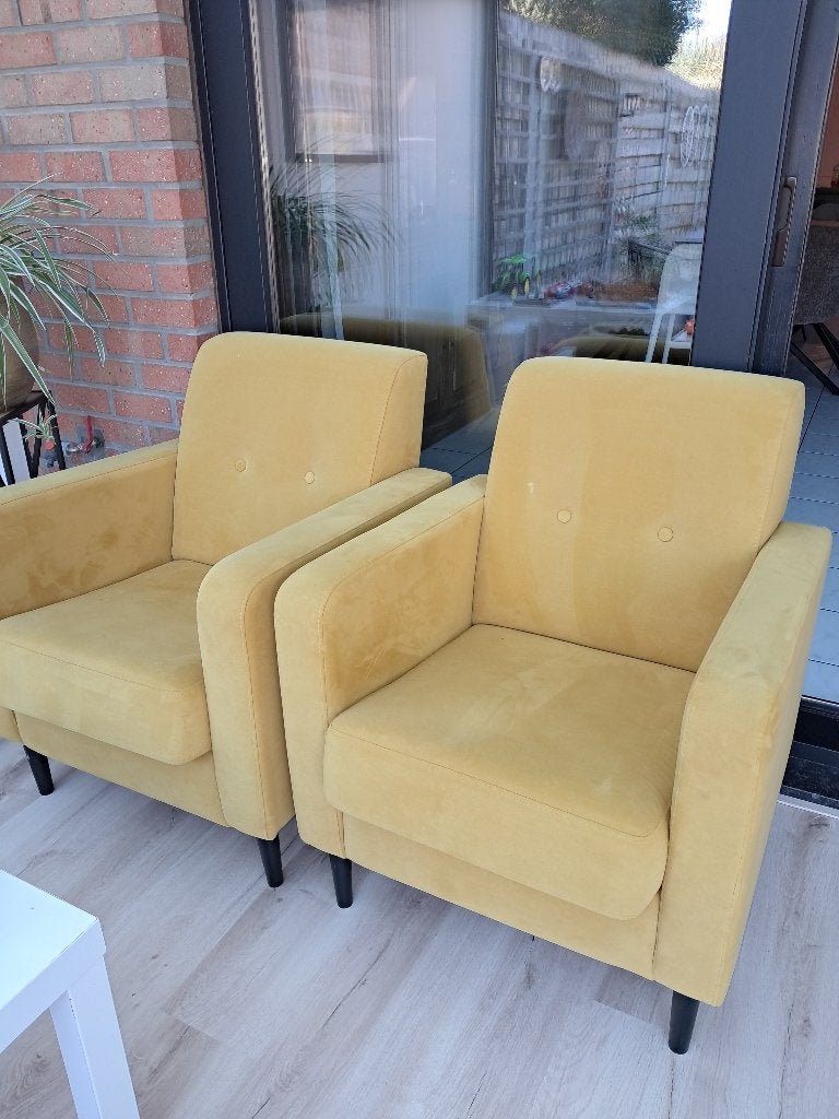 Fauteuils okergeel - 2 stuks, Huis en Inrichting, Fauteuils, Ophalen, 75 tot 100 cm, Zo goed als nieuw, Stof