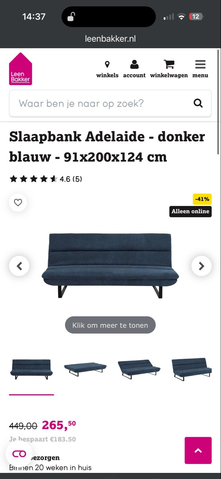 Slaapbank Adelaide - donkerblauw - Leenbakker, Ophalen, Blauw, Tweepersoons, Zo goed als nieuw