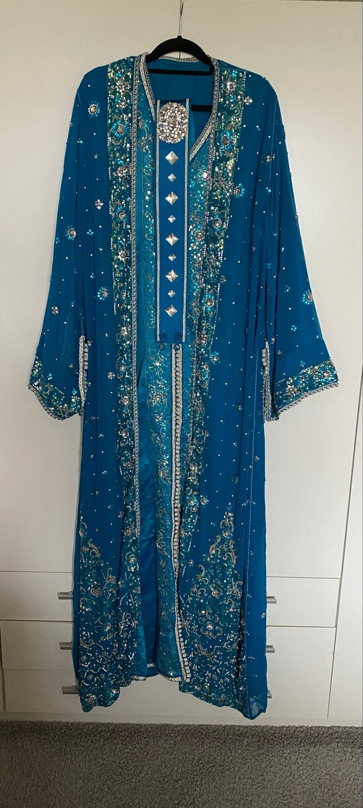 Handgemaakte Marokkaanse Tackshita van Sari stof met riem, Ophalen, Overige typen, Blauw, Maat 46/48 (XL) of groter