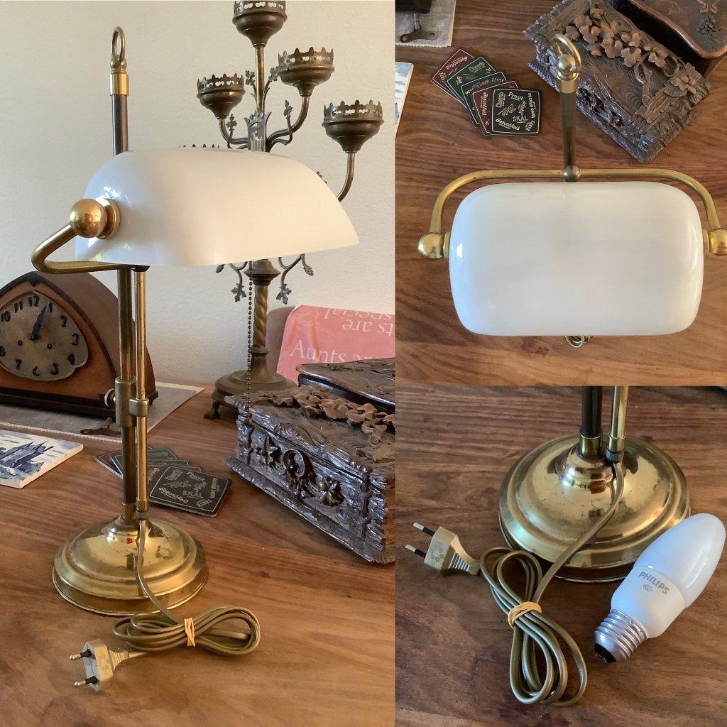 Verstelbare notarislamp bankierslamp bureau lamp van koper, 50 cm, Gebruikt, Vintage, Wit