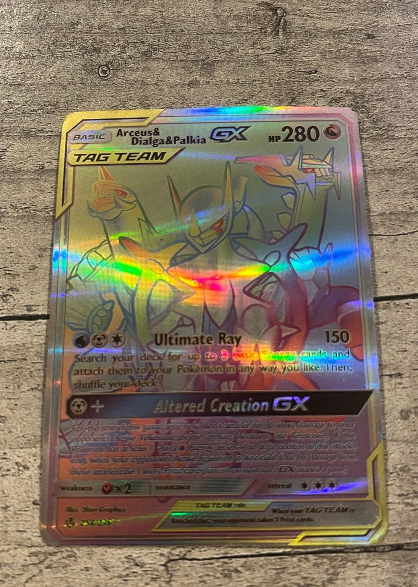 Arceus & Dialga & Palkia GX TAG TEAM Pokémon Kaart, Ophalen of Verzenden, Zo goed als nieuw, Losse kaart, Foil