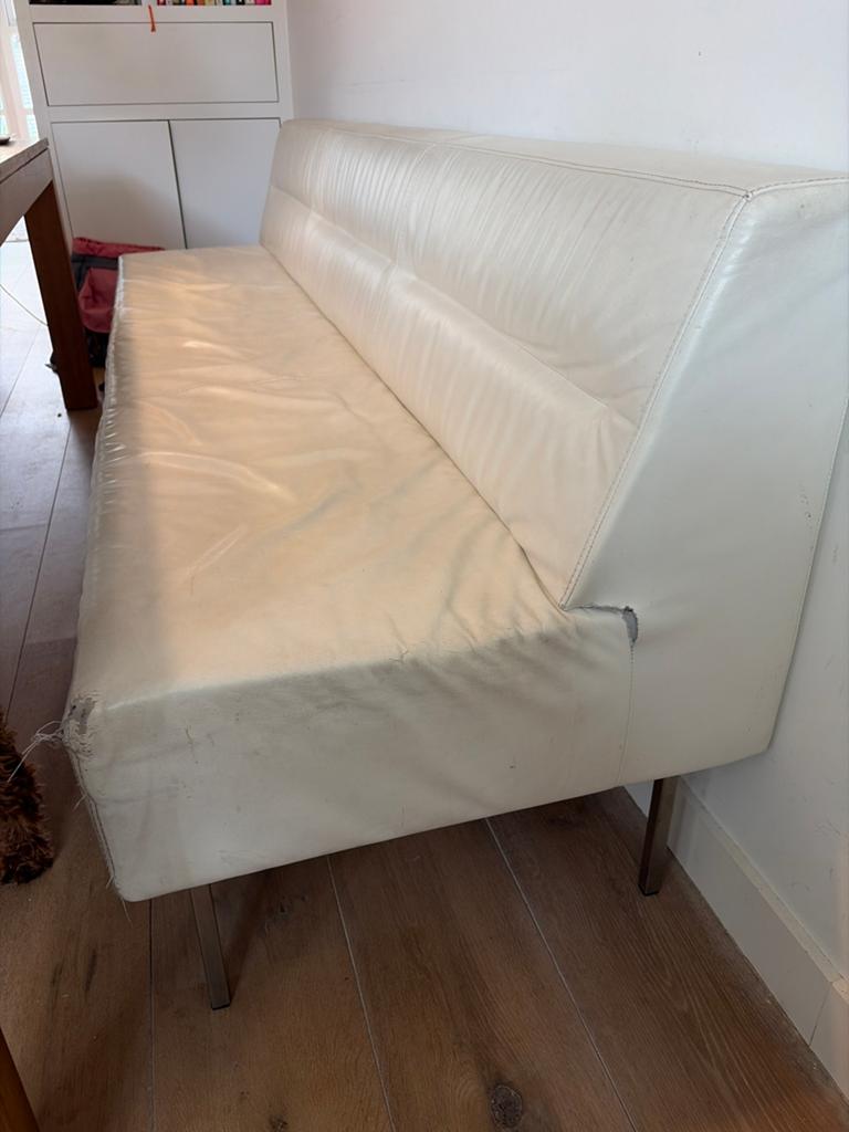 Witte leren eettafelbank - 230 cm - Gebruikt, Ophalen, Gebruikt, Minder dan 75 cm, Leer