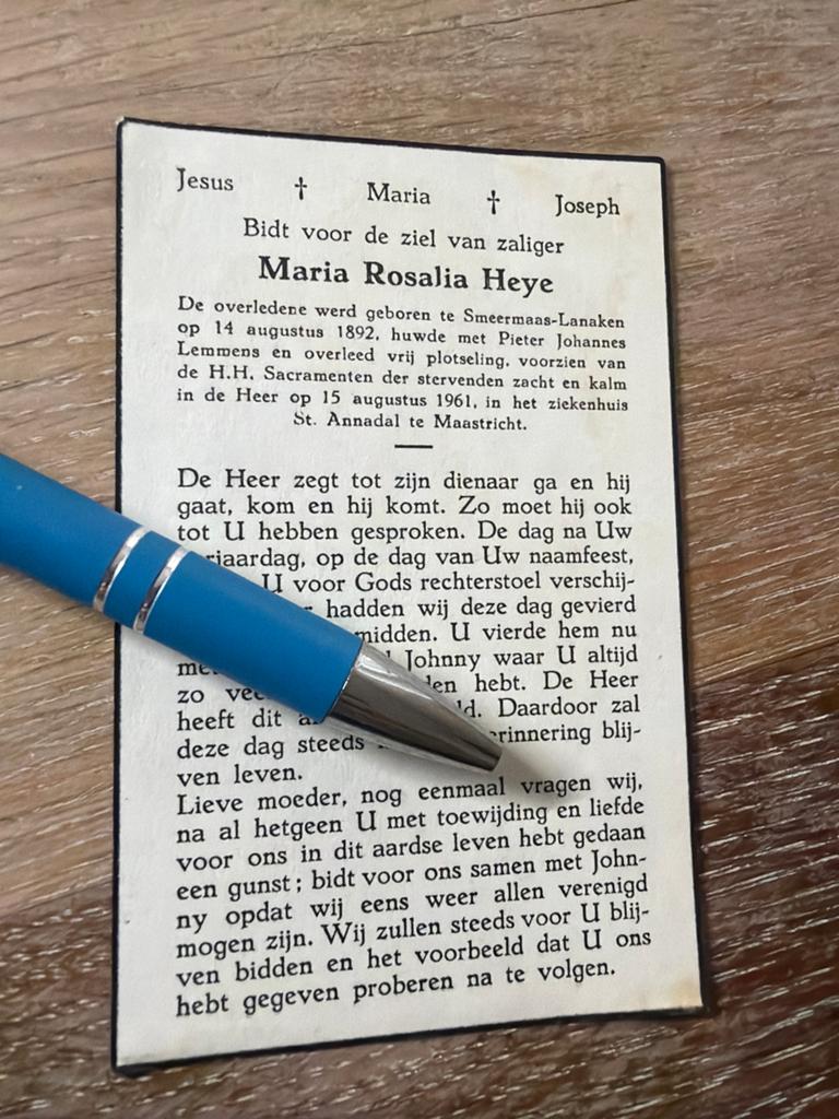 Heye Maria 1892 Smeermans-Lanaken 1961 Maastricht x Lemmens, Verzamelen, Ophalen of Verzenden, Bidprentje