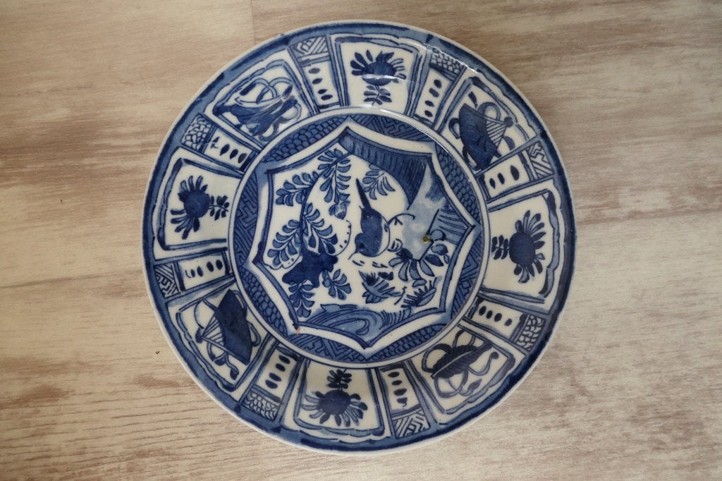 Antiek blauw gedecoreerd wandbord, Ophalen of Verzenden