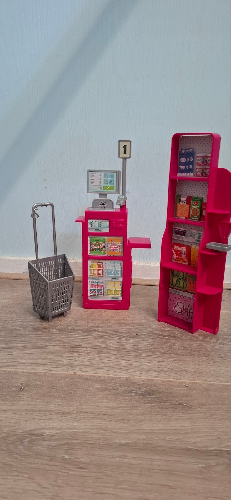 Kassaspeelset met winkelwagen en schappen, Ophalen, Gebruikt
