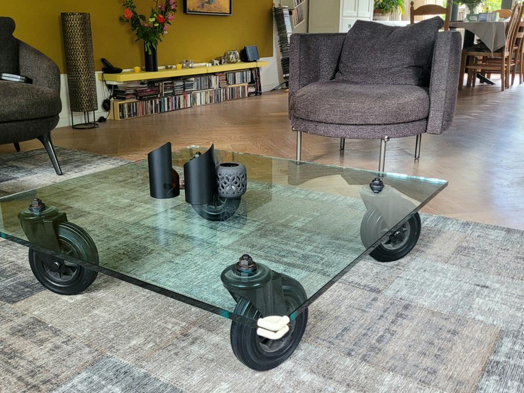 Glazen salontafel op wielen – stevige kwaliteit – 100x100 cm, Ophalen, Gebruikt, 50 tot 100 cm, Vierkant
