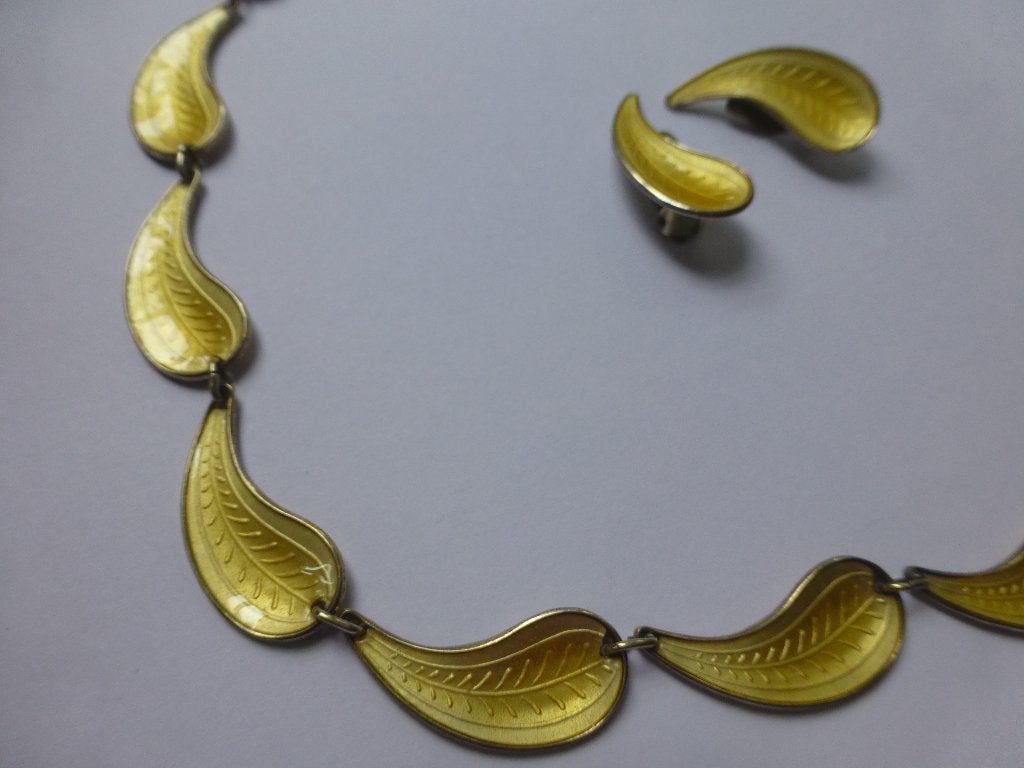 DAVID ANDERSEN Zilveren Collier +Oorbellen Email ‘Bladeren’, Sieraden, Tassen en Uiterlijk, Verzenden, Zilver, Ketting, Verguld