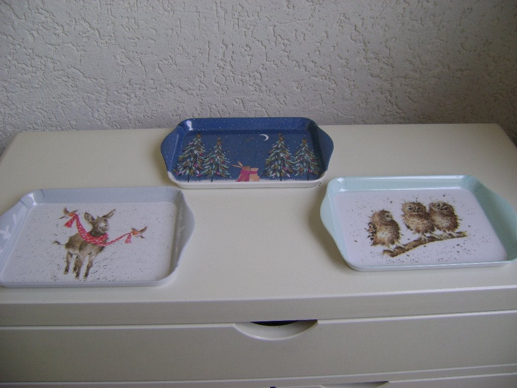 3 dienblaadjes van pimpernel met uilen ezel konijnen 21x14cm, Huis en Inrichting, Kunststof, Ophalen of Verzenden, Rechthoekig