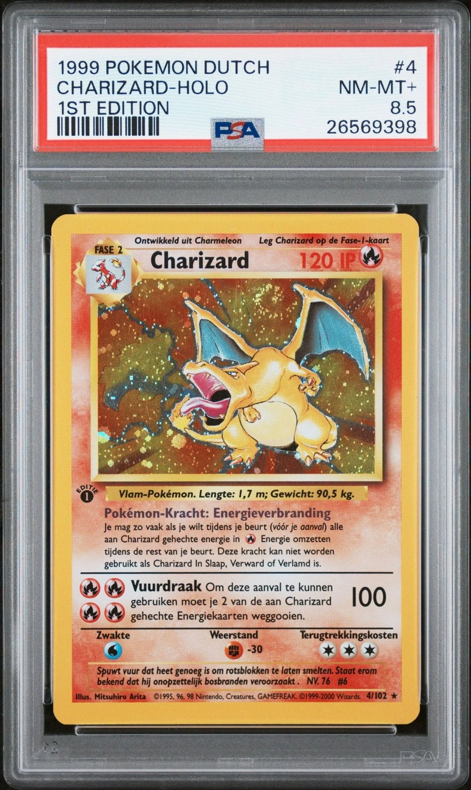 Pokemon Charizard #4 Base 1st edition PSA 8.5 (Nederlands), Ophalen of Verzenden, Zo goed als nieuw