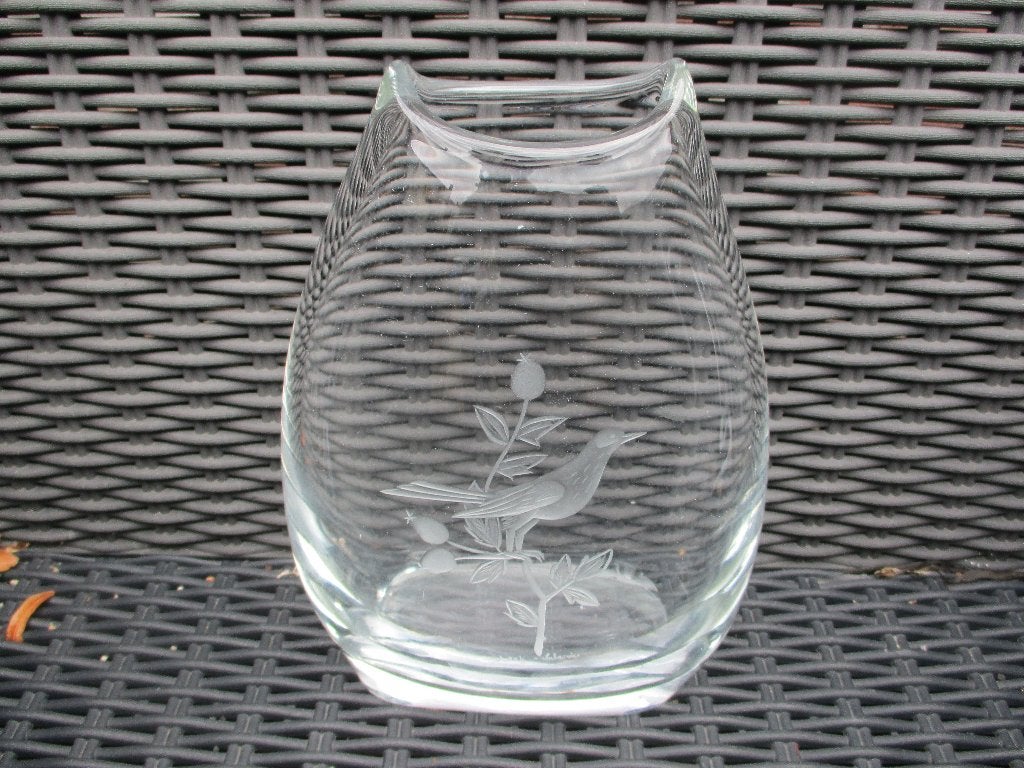 Orrefors gesigneerd vaas met vogel geëtst vintage, Ophalen of Verzenden