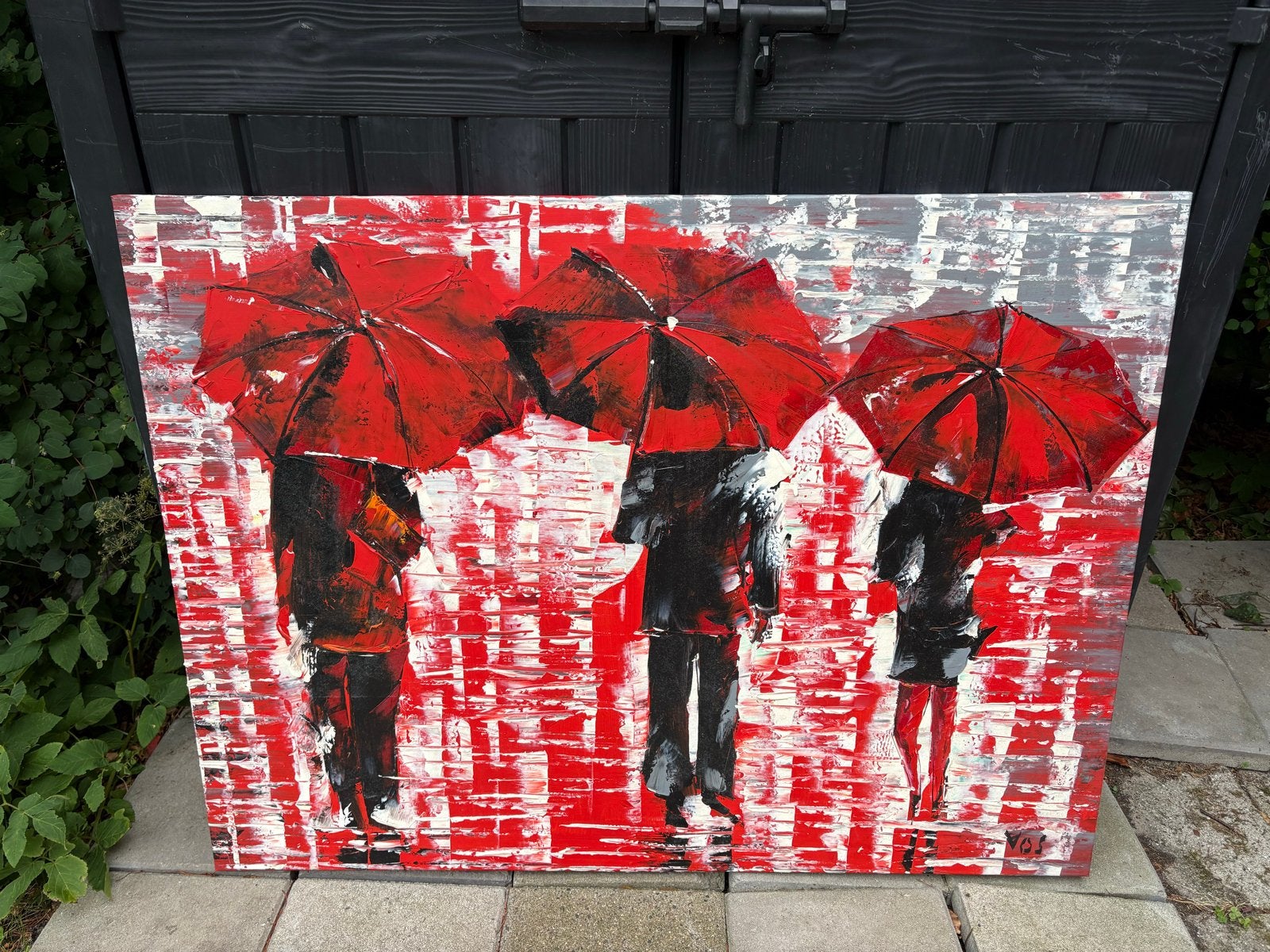 Handgeschilderd schilderij met rode paraplu’s – 90 x 120 cm, Ophalen, Met textuur, Textiel, Figuren