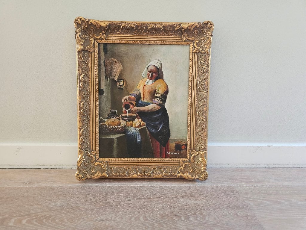 Handgeschilderde Replica "Het Melkmeisje", Antiek en Kunst, Kunst | Schilderijen | Klassiek, Ophalen, Doek, Oud hollands, Olieverf